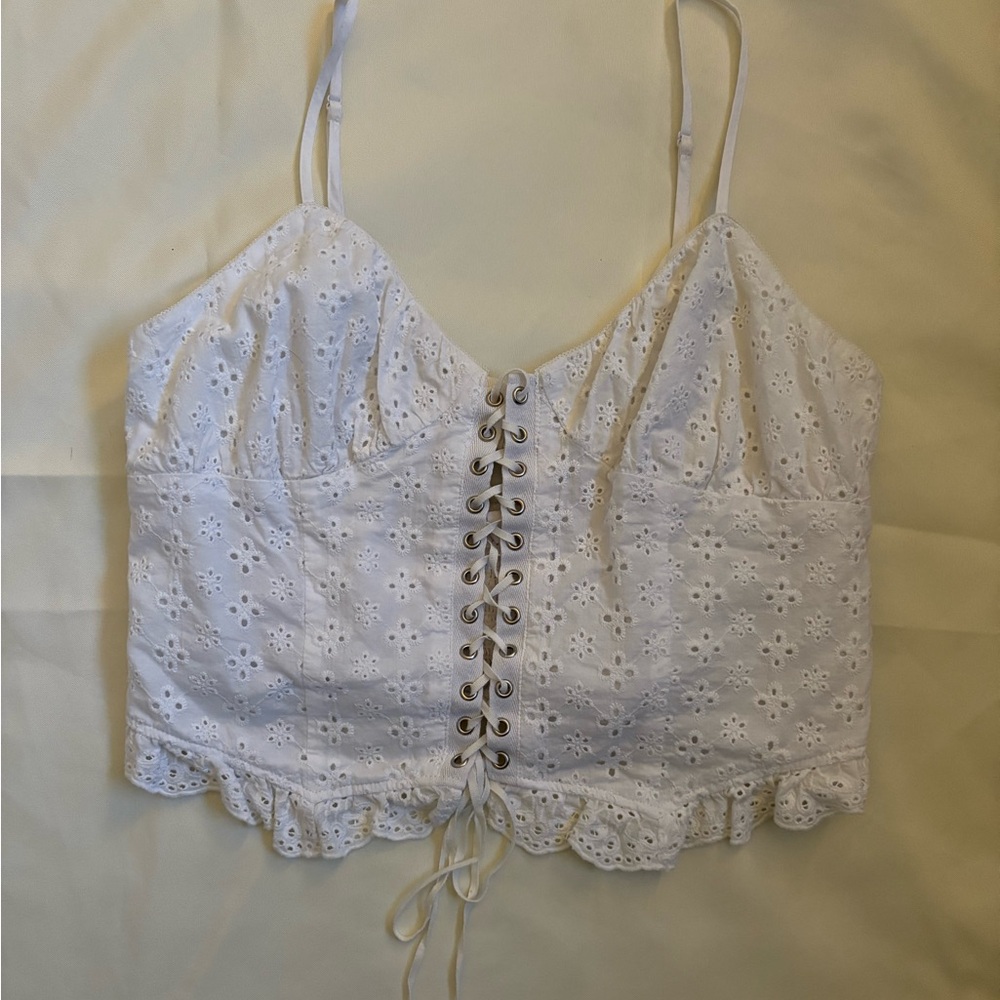 White Eyelet Lace-Up Women's Top